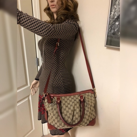 Gucci GG Canvas Sukey Beige Dark Red Top Handle - Picture 3 of 8